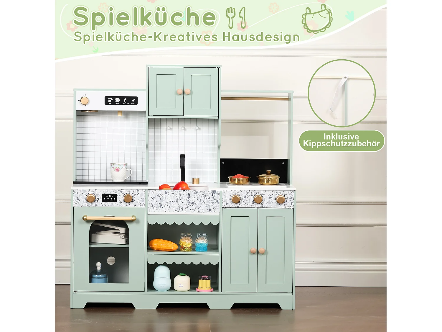 Spielküche für Kinder – 90 x 30 x 98 cm – Haus mit Zubehör und Effekten – Für Kinder ab 3 Jahren – MDF – Grün