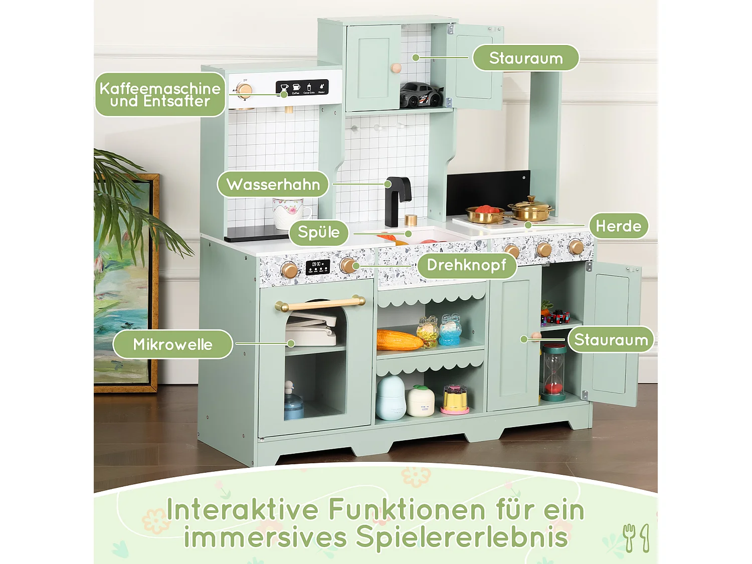 Spielküche für Kinder – 90 x 30 x 98 cm – Haus mit Zubehör und Effekten – Für Kinder ab 3 Jahren – MDF – Grün