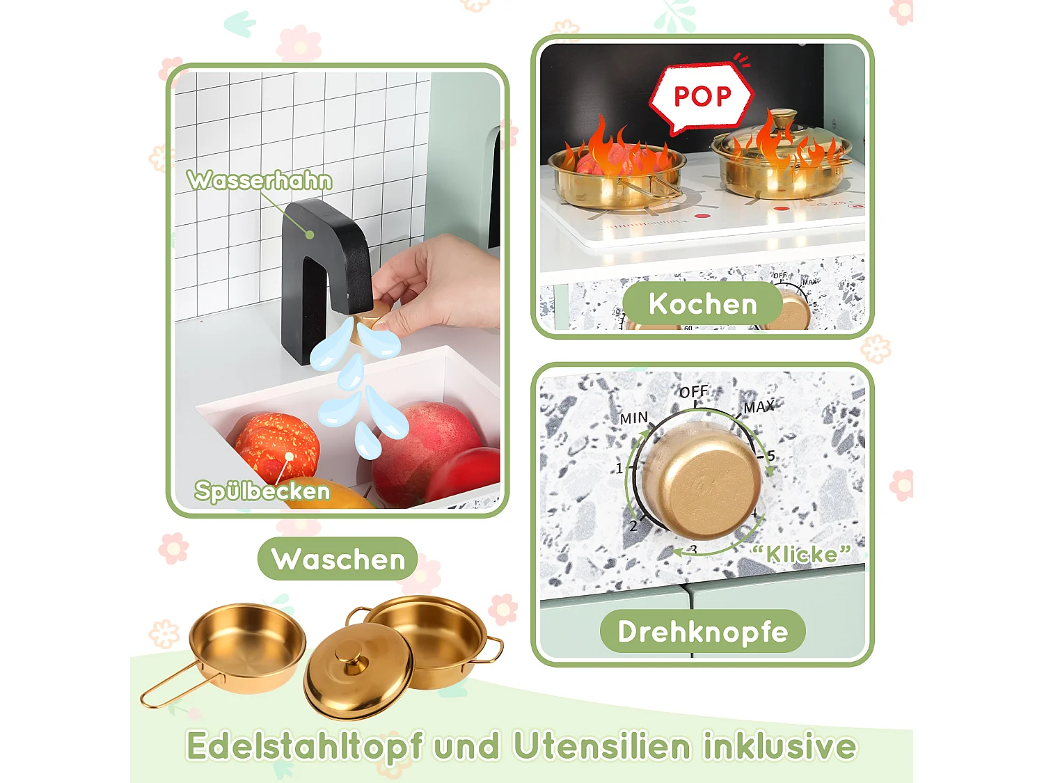 Spielküche für Kinder – 90 x 30 x 98 cm – Haus mit Zubehör und Effekten – Für Kinder ab 3 Jahren – MDF – Grün