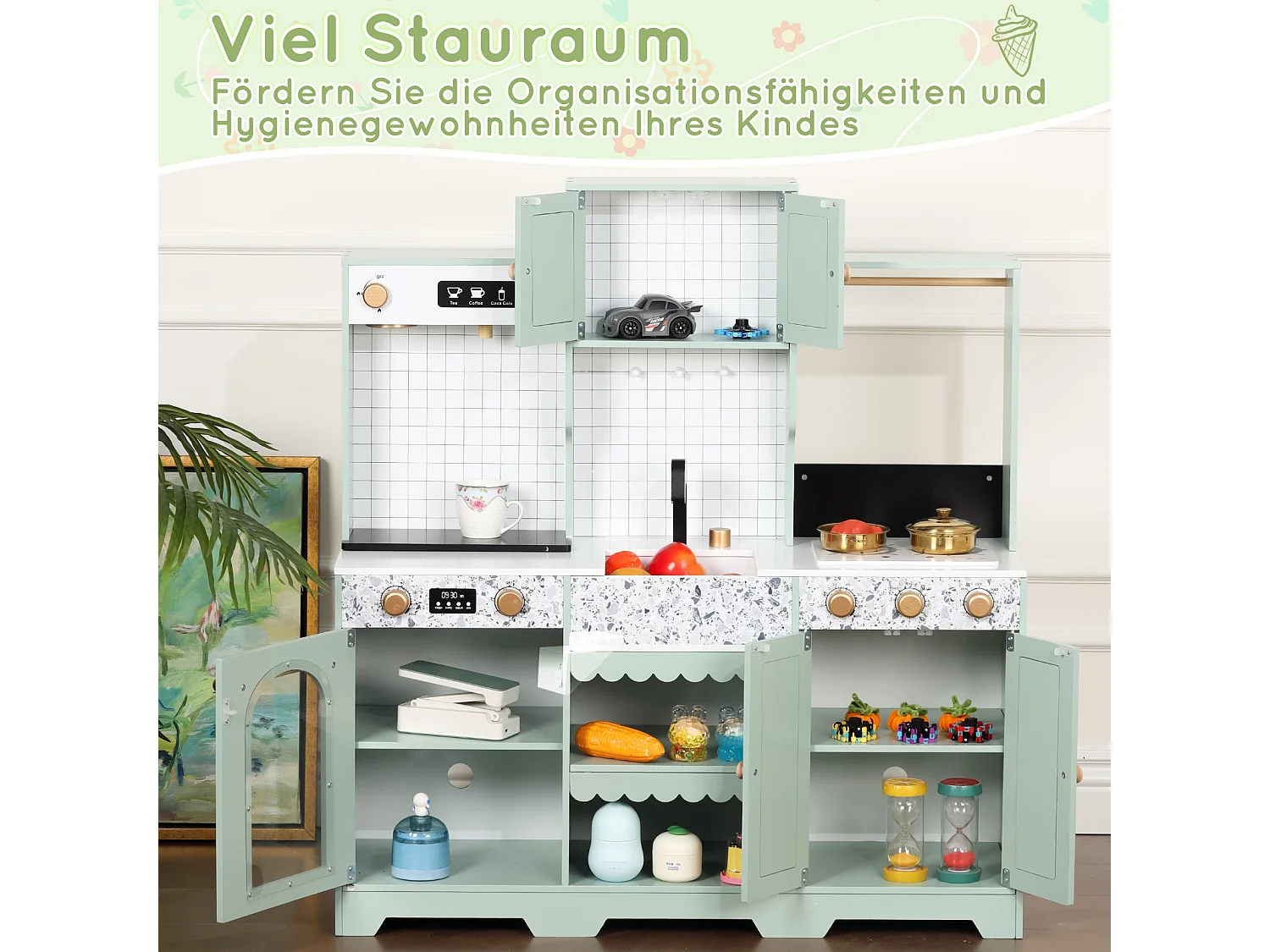 Spielküche für Kinder – 90 x 30 x 98 cm – Haus mit Zubehör und Effekten – Für Kinder ab 3 Jahren – MDF – Grün