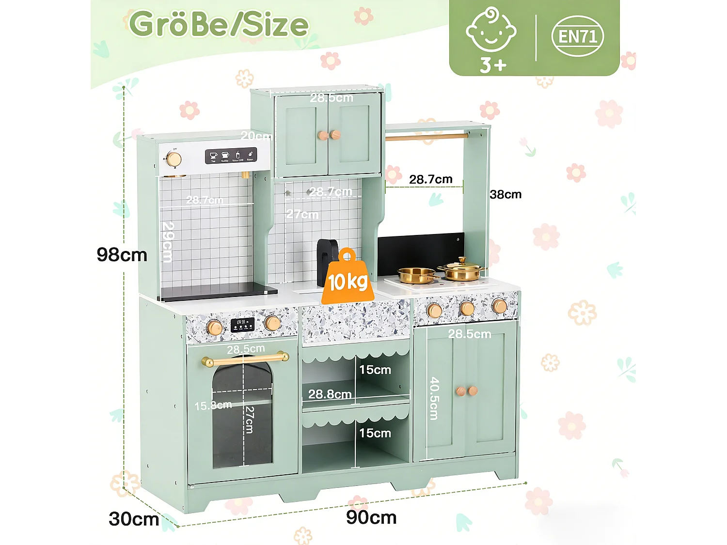 Spielküche für Kinder – 90 x 30 x 98 cm – Haus mit Zubehör und Effekten – Für Kinder ab 3 Jahren – MDF – Grün