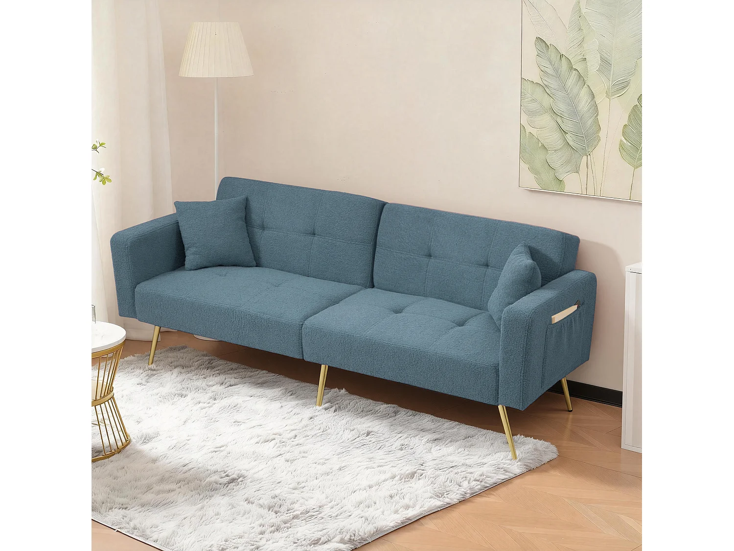 Canapé 2 places convertible clic-clac en tissu Sherpa - 175 x 64 x 72 cm - Pieds dorés - bleu