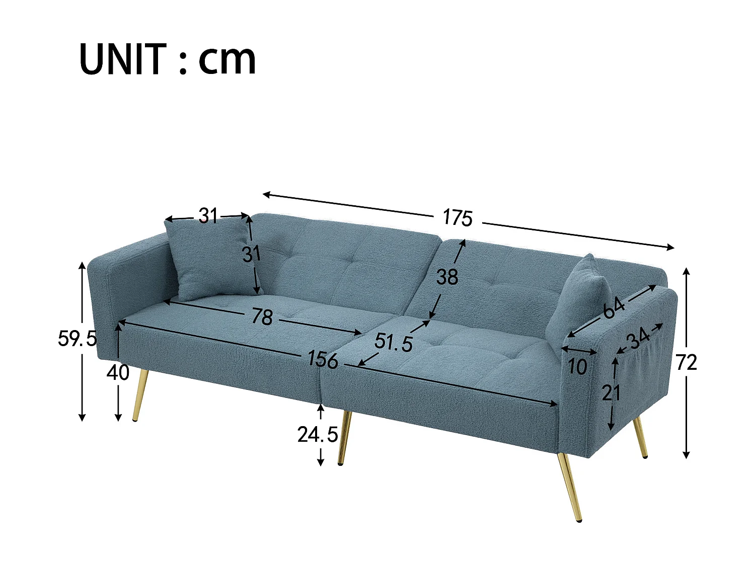 Canapé 2 places convertible clic-clac en tissu Sherpa - 175 x 64 x 72 cm - Pieds dorés - bleu