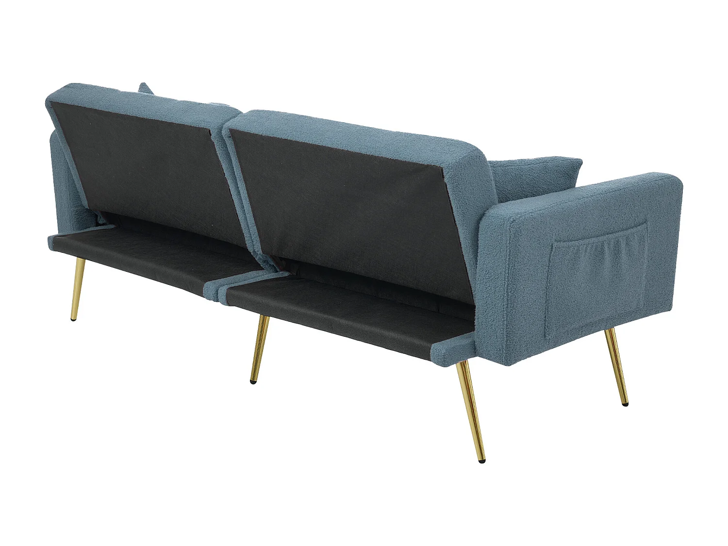 Canapé 2 places convertible clic-clac en tissu Sherpa - 175 x 64 x 72 cm - Pieds dorés - bleu