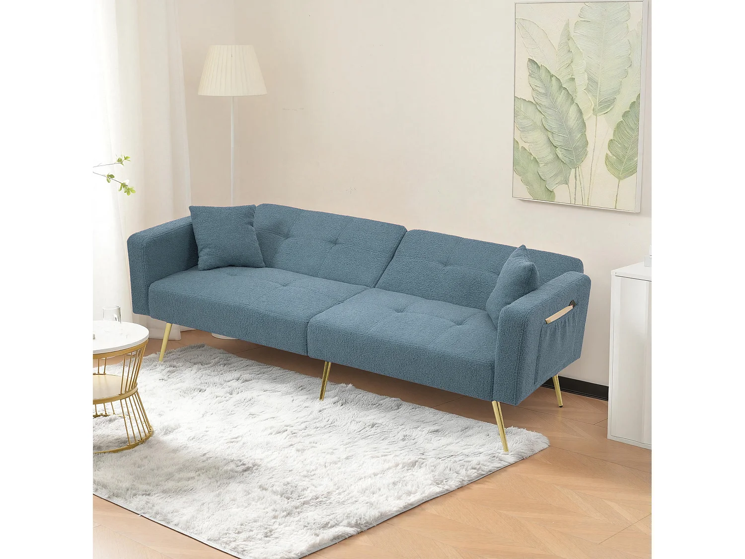 Canapé 2 places convertible clic-clac en tissu Sherpa - 175 x 64 x 72 cm - Pieds dorés - bleu