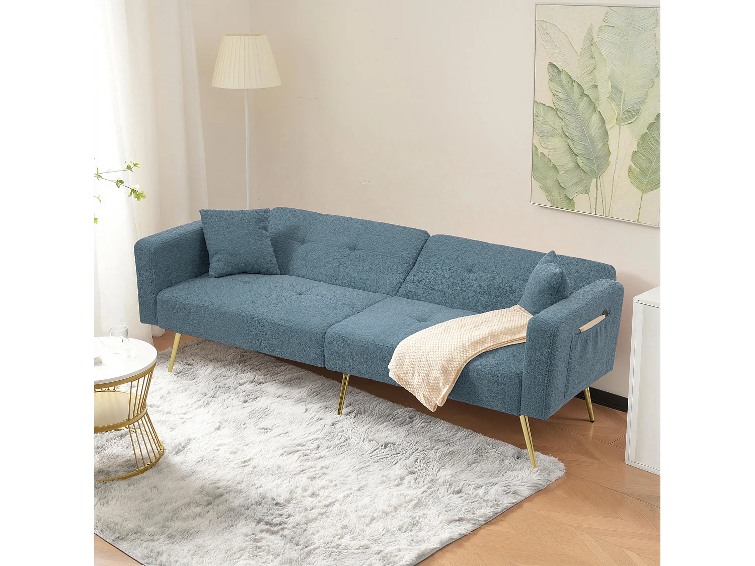 Canapé 2 places convertible clic-clac en tissu Sherpa - 175 x 64 x 72 cm - Pieds dorés - bleu