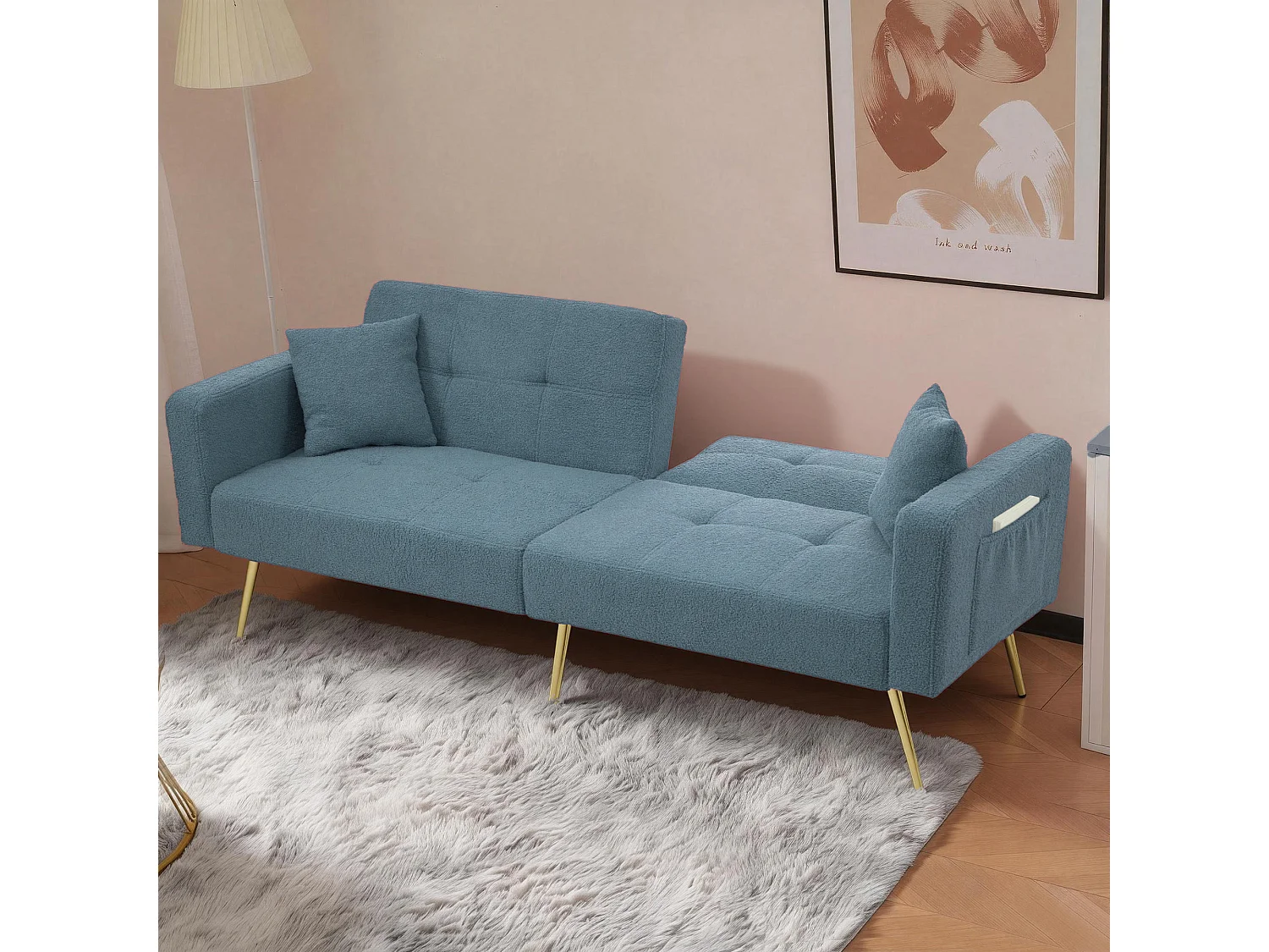 Canapé 2 places convertible clic-clac en tissu Sherpa - 175 x 64 x 72 cm - Pieds dorés - bleu