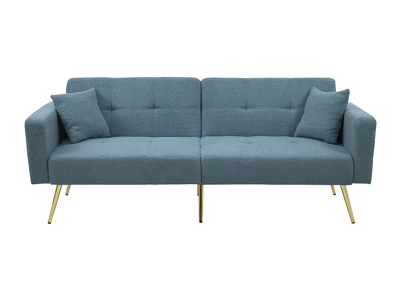 Sofa 2-osobowa z funkcją spania, z mechanizmem klik-klak, w tkaninie Sherpa – 175 x 64 x 72 cm – złote nogi – kolor niebieski