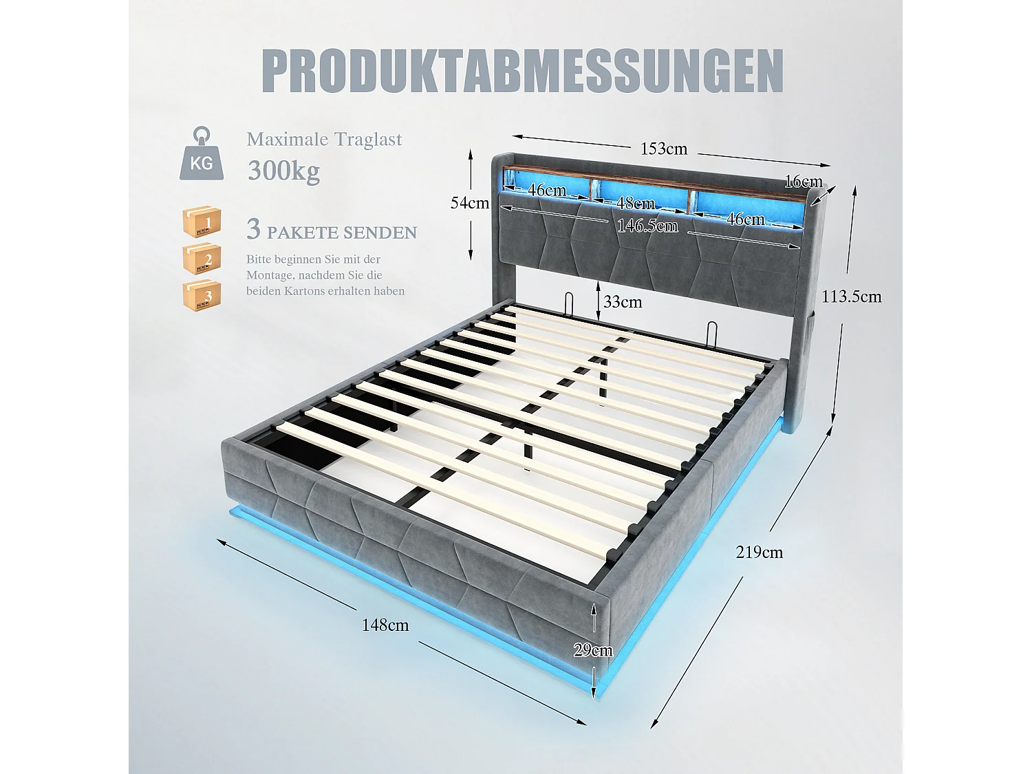 Hydraulisch opbergbed - 140 x 200 cm - met LED-verlichting + zijvakken + USB/Type-C + hoofdbord met opbergruimte - fluweel - donkergrijs