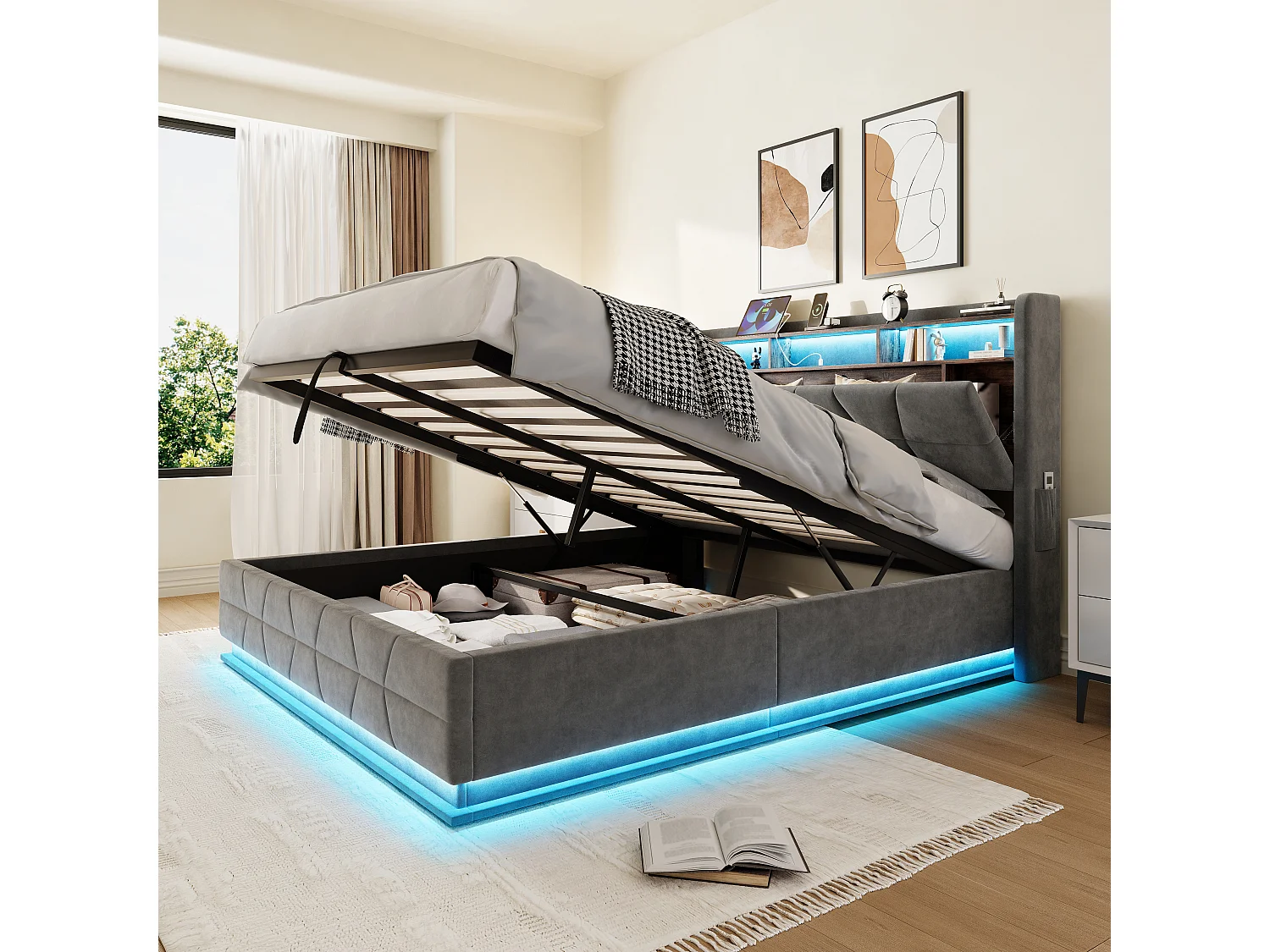 Hydraulisch opbergbed - 140 x 200 cm - met LED-verlichting + zijvakken + USB/Type-C + hoofdbord met opbergruimte - fluweel - donkergrijs