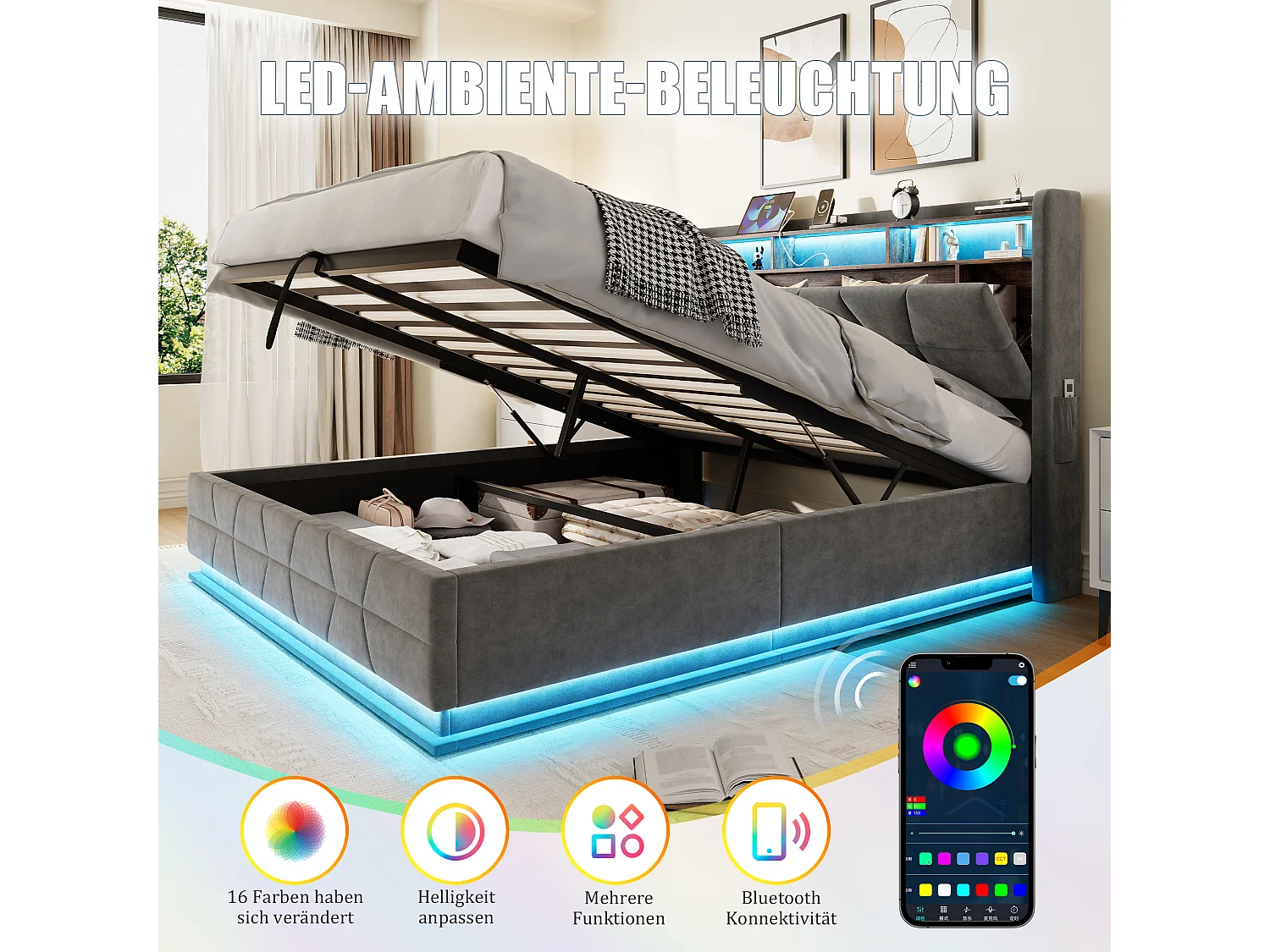 Hydraulisch opbergbed - 140 x 200 cm - met LED-verlichting + zijvakken + USB/Type-C + hoofdbord met opbergruimte - fluweel - donkergrijs