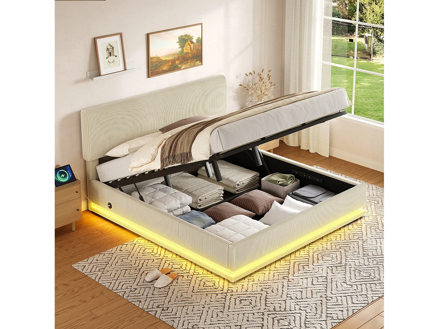 Lit coffre hydraulique capitonné - 140 x 200 cm - avec Leds + USB + tête de lit réglable - velours - beige