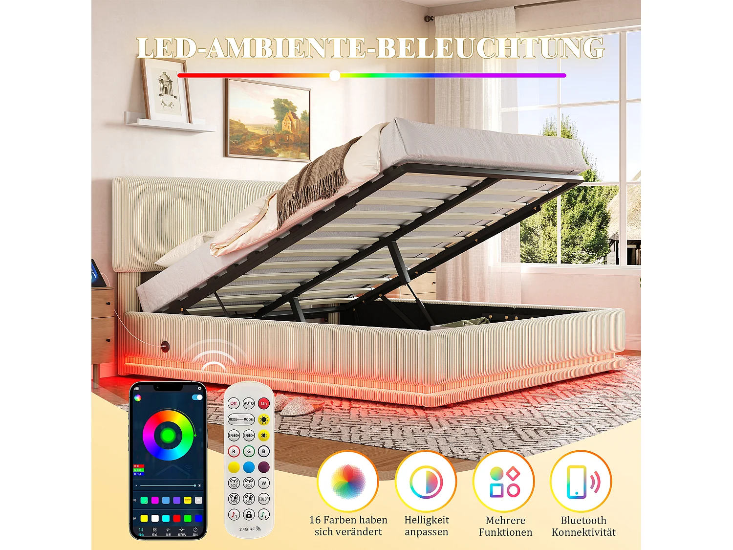 Lit coffre hydraulique capitonné - 140 x 200 cm - avec Leds + USB + tête de lit réglable - velours - beige