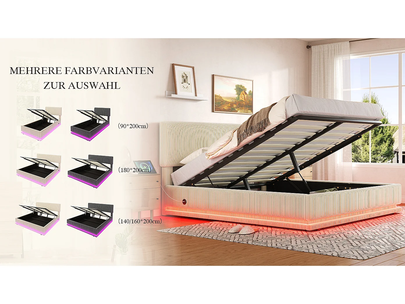 Lit coffre hydraulique capitonné - 140 x 200 cm - avec Leds + USB + tête de lit réglable - velours - beige