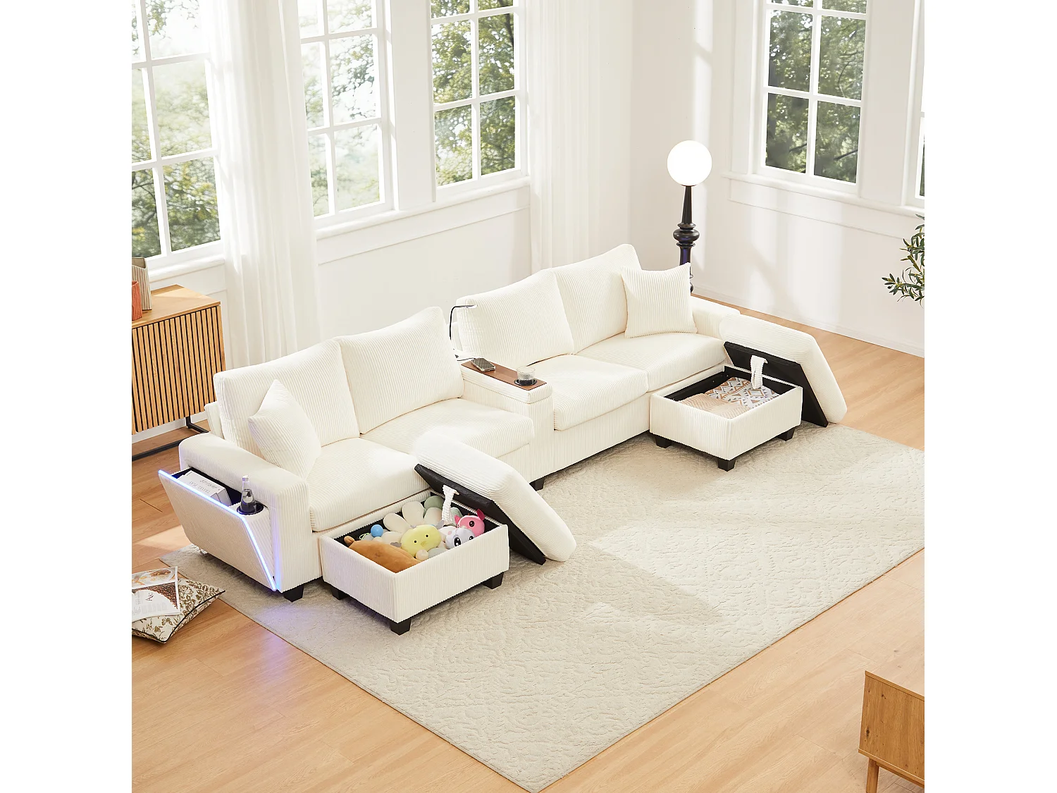 Sofa w kształcie litery U - 334 x 128,5 x 81 cm - z 2 stołkami + lampka do czytania + schowek + USB + diody LED - aksamitna - beżowa