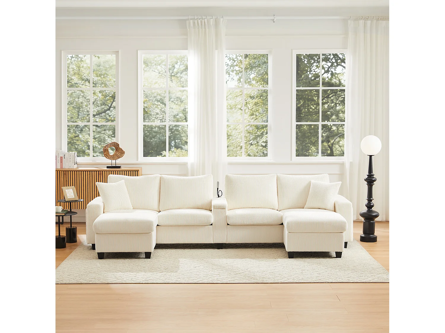 Sofa w kształcie litery U - 334 x 128,5 x 81 cm - z 2 stołkami + lampka do czytania + schowek + USB + diody LED - aksamitna - beżowa