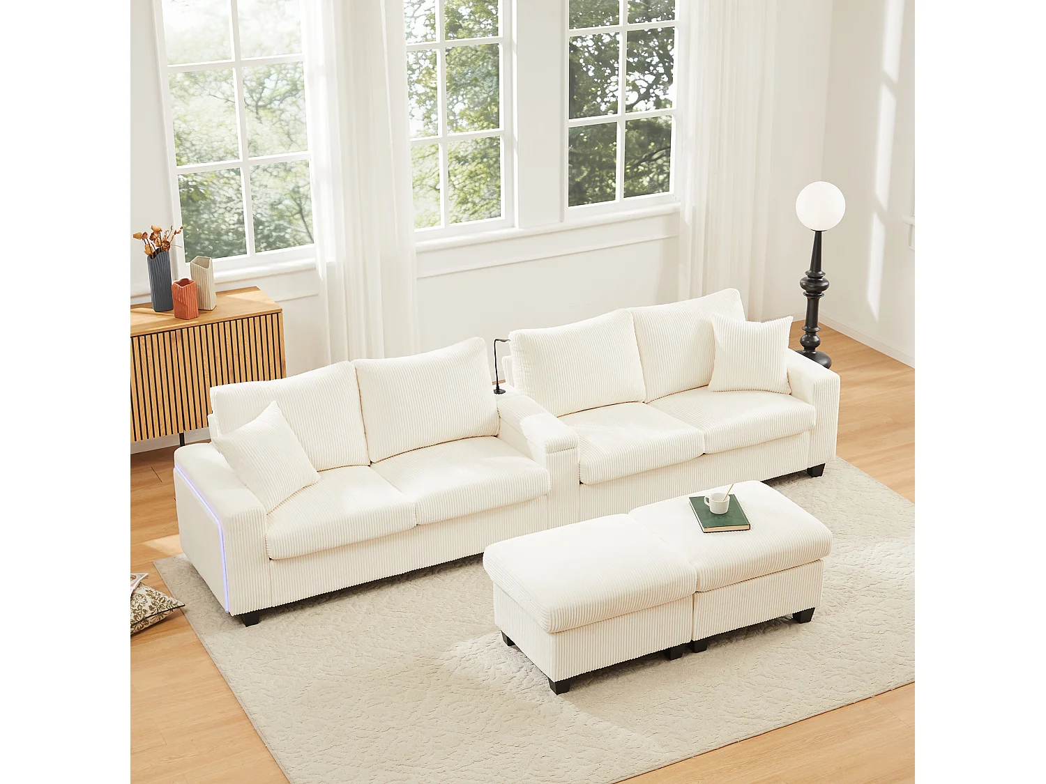 Sofa w kształcie litery U - 334 x 128,5 x 81 cm - z 2 stołkami + lampka do czytania + schowek + USB + diody LED - aksamitna - beżowa