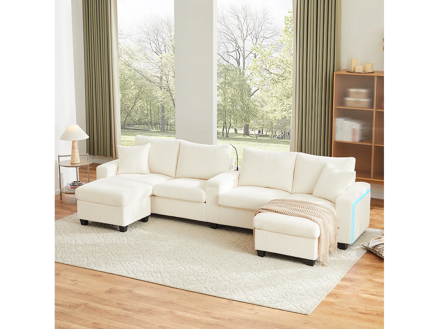 Sofa w kształcie litery U - 334 x 128,5 x 81 cm - z 2 stołkami + lampka do czytania + schowek + USB + diody LED - aksamitna - beżowa