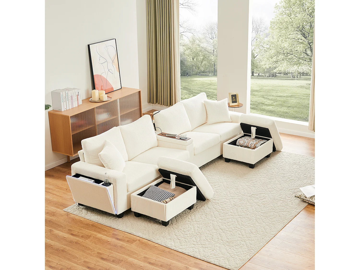 Sofa w kształcie litery U - 334 x 128,5 x 81 cm - z 2 stołkami + lampka do czytania + schowek + USB + diody LED - aksamitna - beżowa