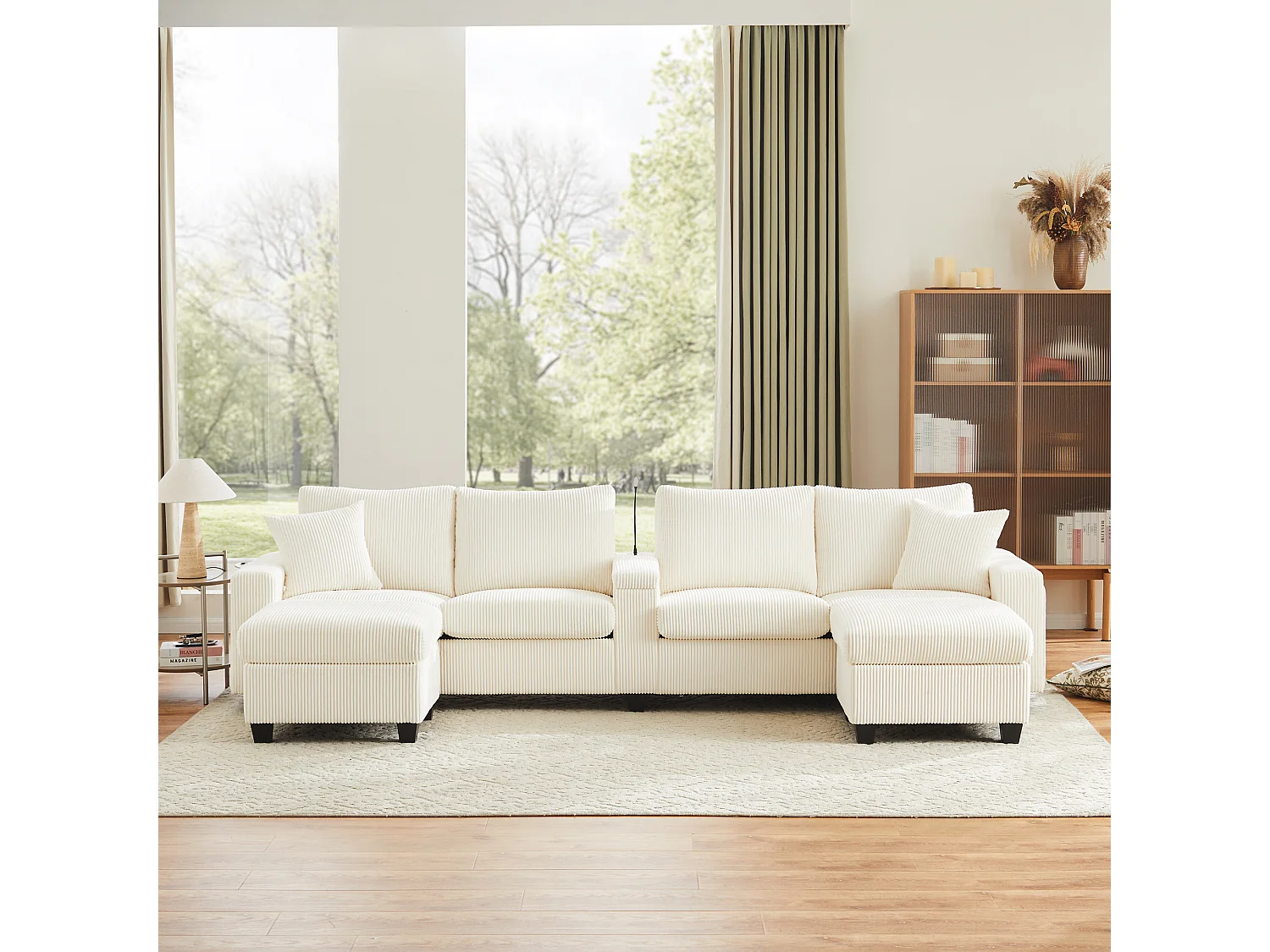 Sofa w kształcie litery U - 334 x 128,5 x 81 cm - z 2 stołkami + lampka do czytania + schowek + USB + diody LED - aksamitna - beżowa