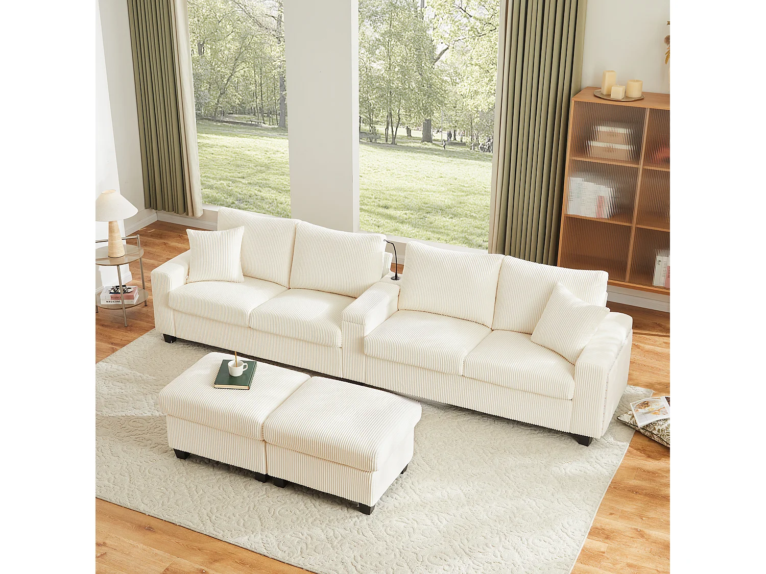 Sofa w kształcie litery U - 334 x 128,5 x 81 cm - z 2 stołkami + lampka do czytania + schowek + USB + diody LED - aksamitna - beżowa