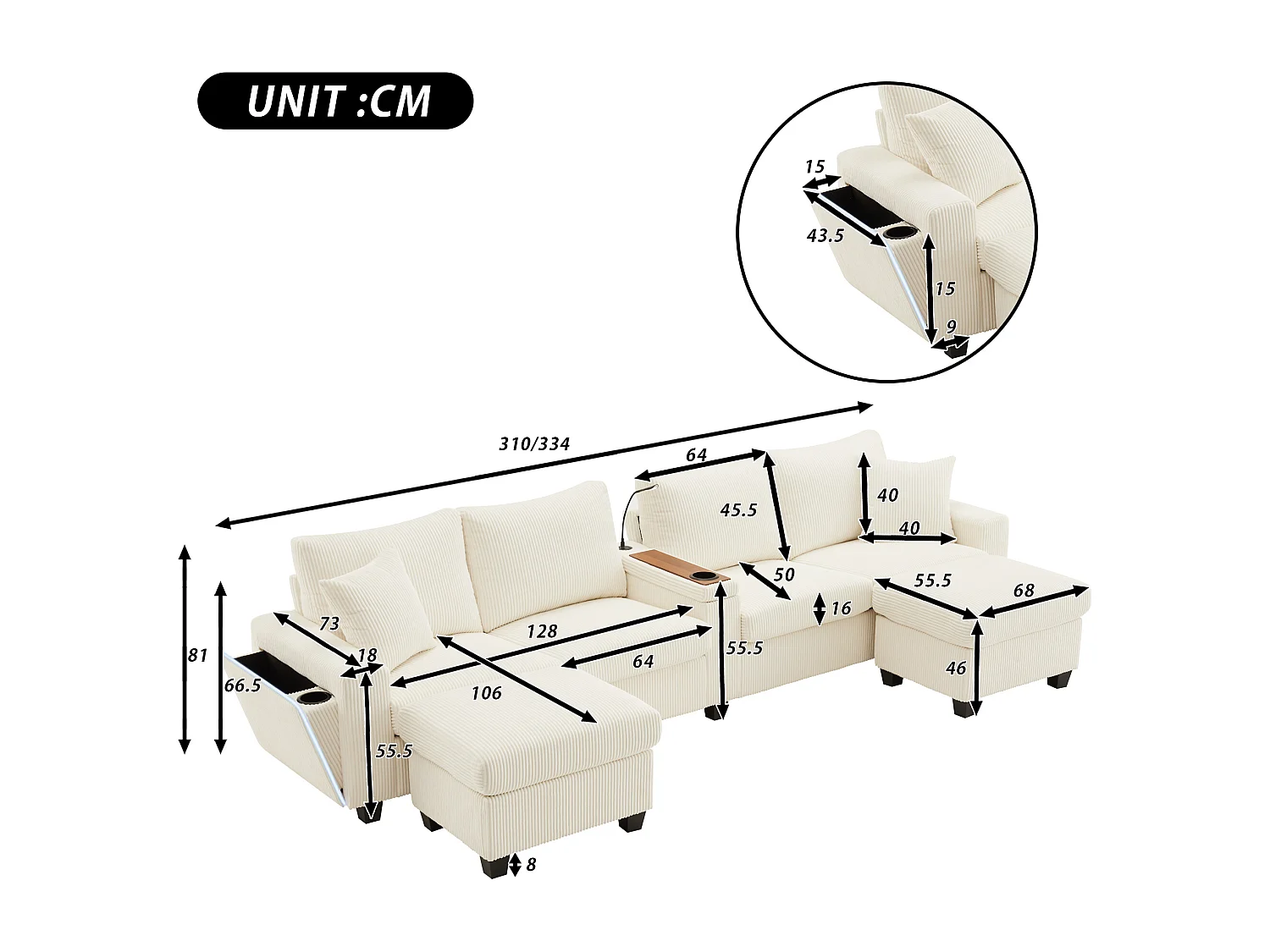 Sofa w kształcie litery U - 334 x 128,5 x 81 cm - z 2 stołkami + lampka do czytania + schowek + USB + diody LED - aksamitna - beżowa