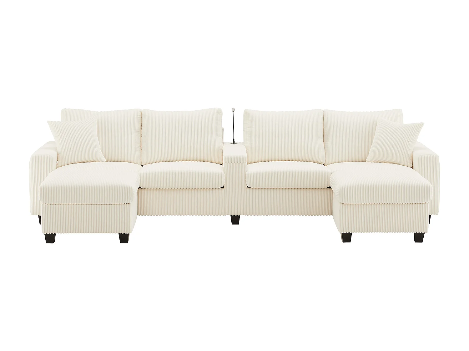 Sofa w kształcie litery U - 334 x 128,5 x 81 cm - z 2 stołkami + lampka do czytania + schowek + USB + diody LED - aksamitna - beżowa