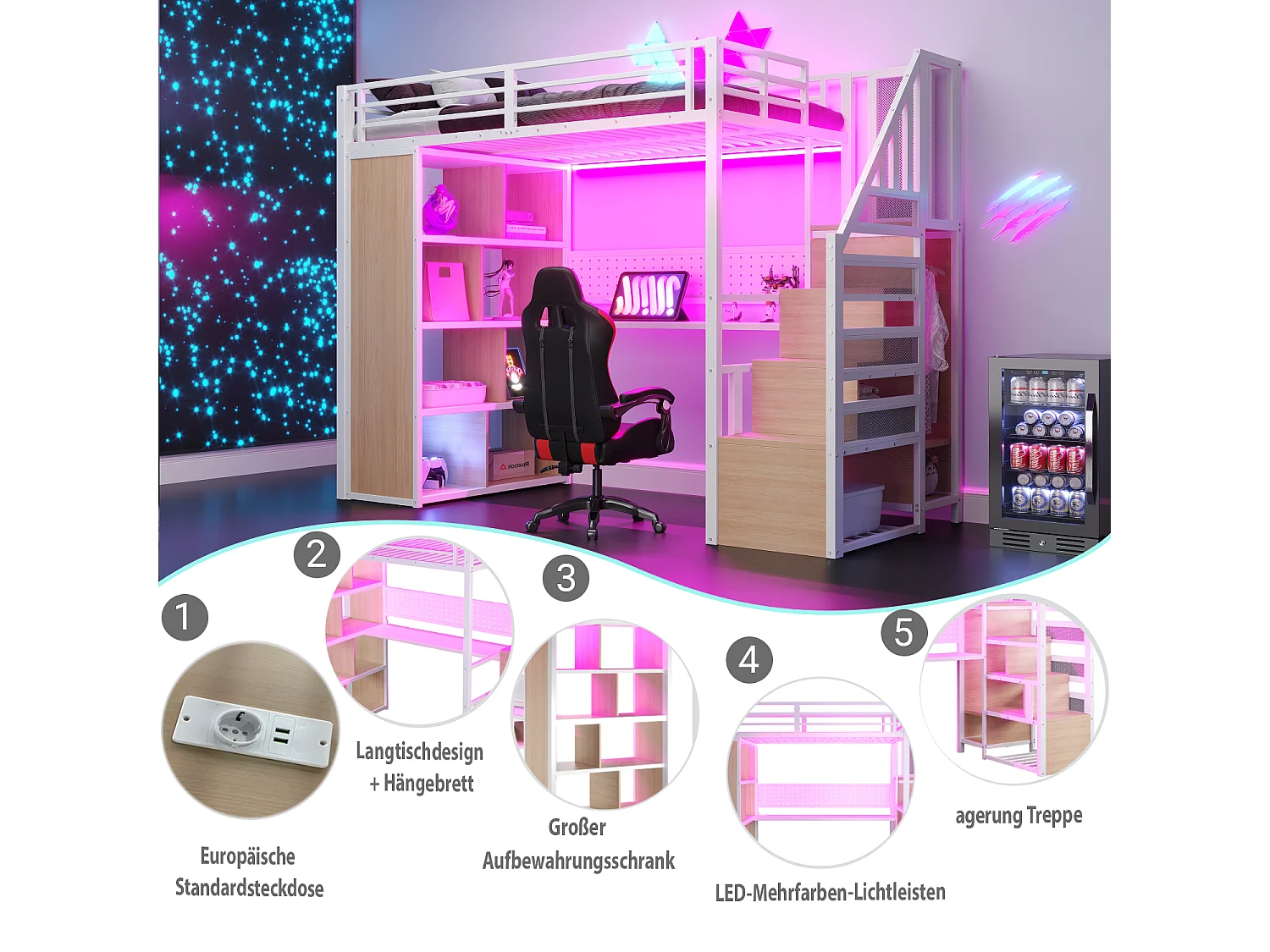 Kinderhoogslaper van metaal - 90 x 200 cm - met kledingkast + opbergtrap + bureau + boekenkast - metaal + MDF - wit