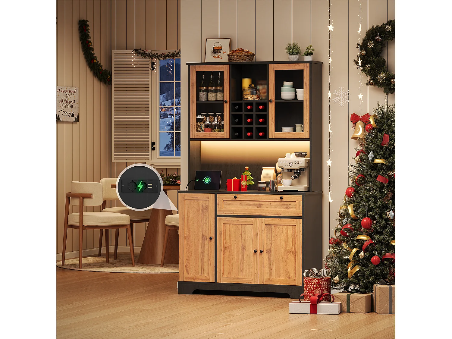 Wysoka komoda kuchenna - 105 x 40 x 180 cm - z szufladą + 5 drzwi + półki + diody LED + gniazdka - MDF - naturalny