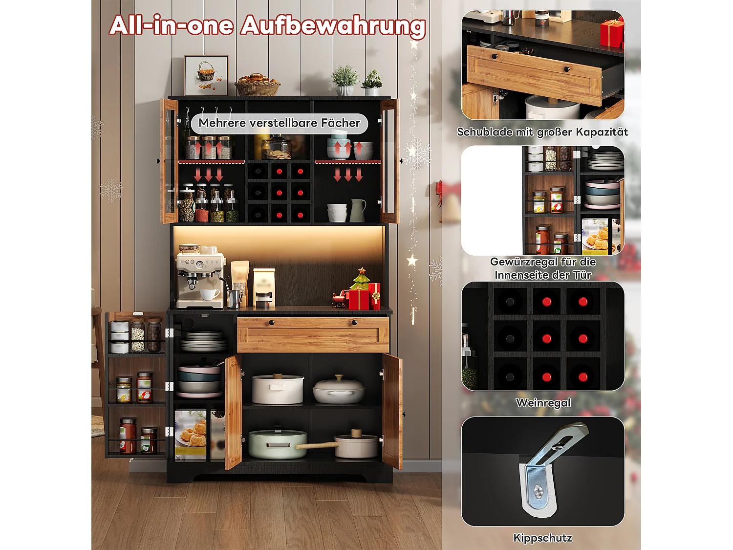 Wysoka komoda kuchenna - 105 x 40 x 180 cm - z szufladą + 5 drzwi + półki + diody LED + gniazdka - MDF - naturalny