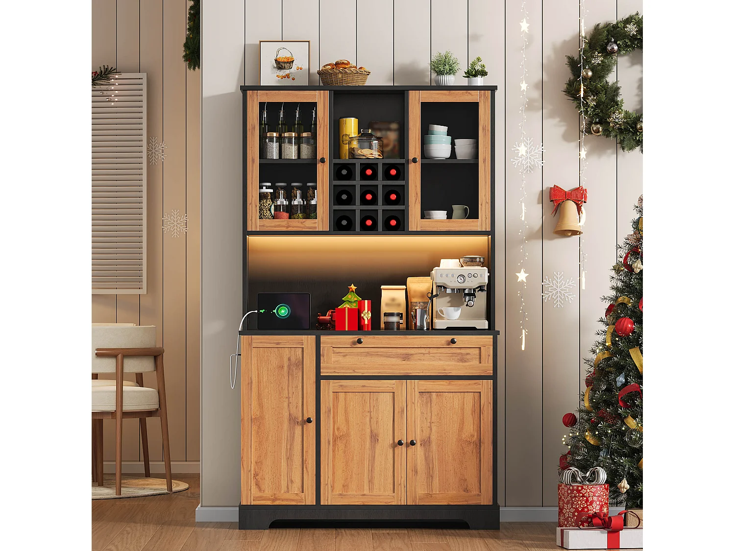 Wysoka komoda kuchenna - 105 x 40 x 180 cm - z szufladą + 5 drzwi + półki + diody LED + gniazdka - MDF - naturalny