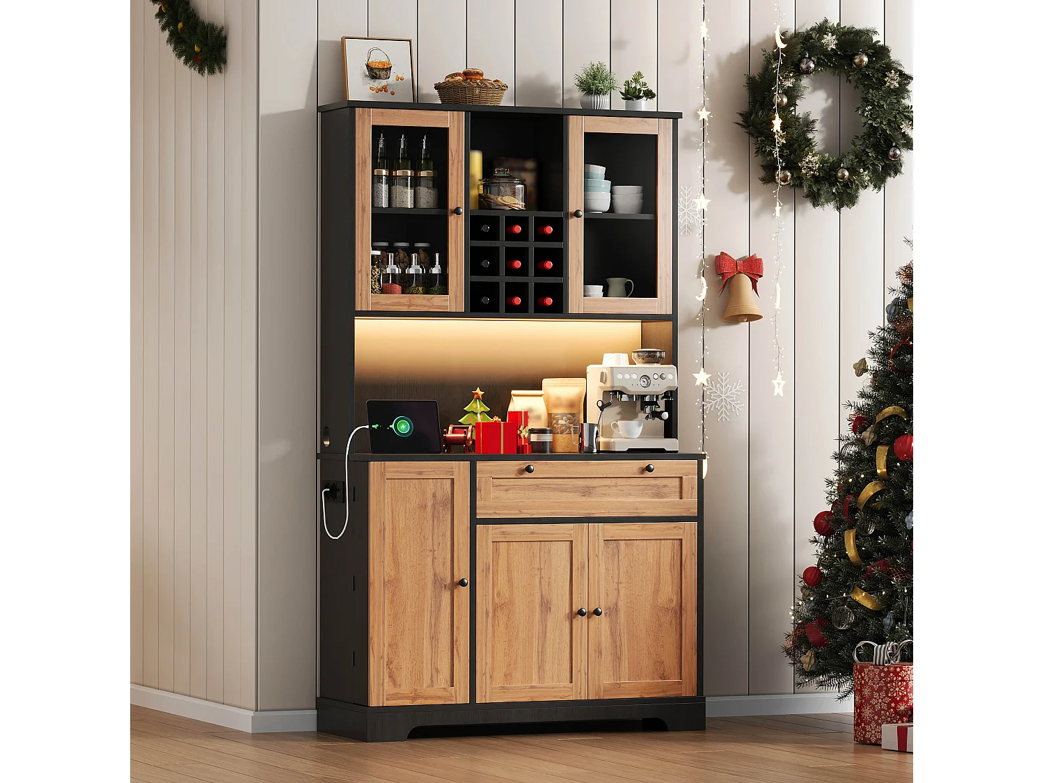 Wysoka komoda kuchenna - 105 x 40 x 180 cm - z szufladą + 5 drzwi + półki + diody LED + gniazdka - MDF - naturalny