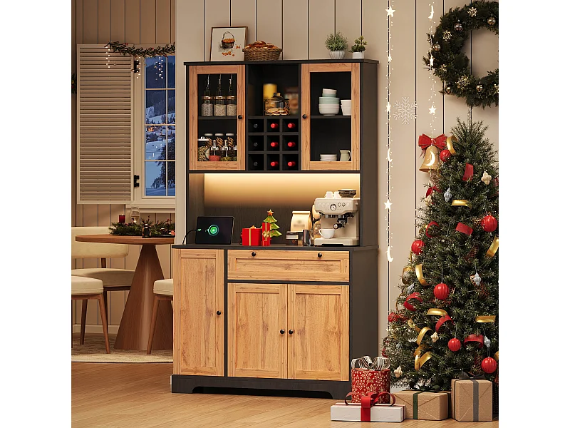 Buffet haute de cuisine - 105 x 40 x 180 cm - avec tiroir + 5 portes + étagères + Leds + prises - MDF - naturel