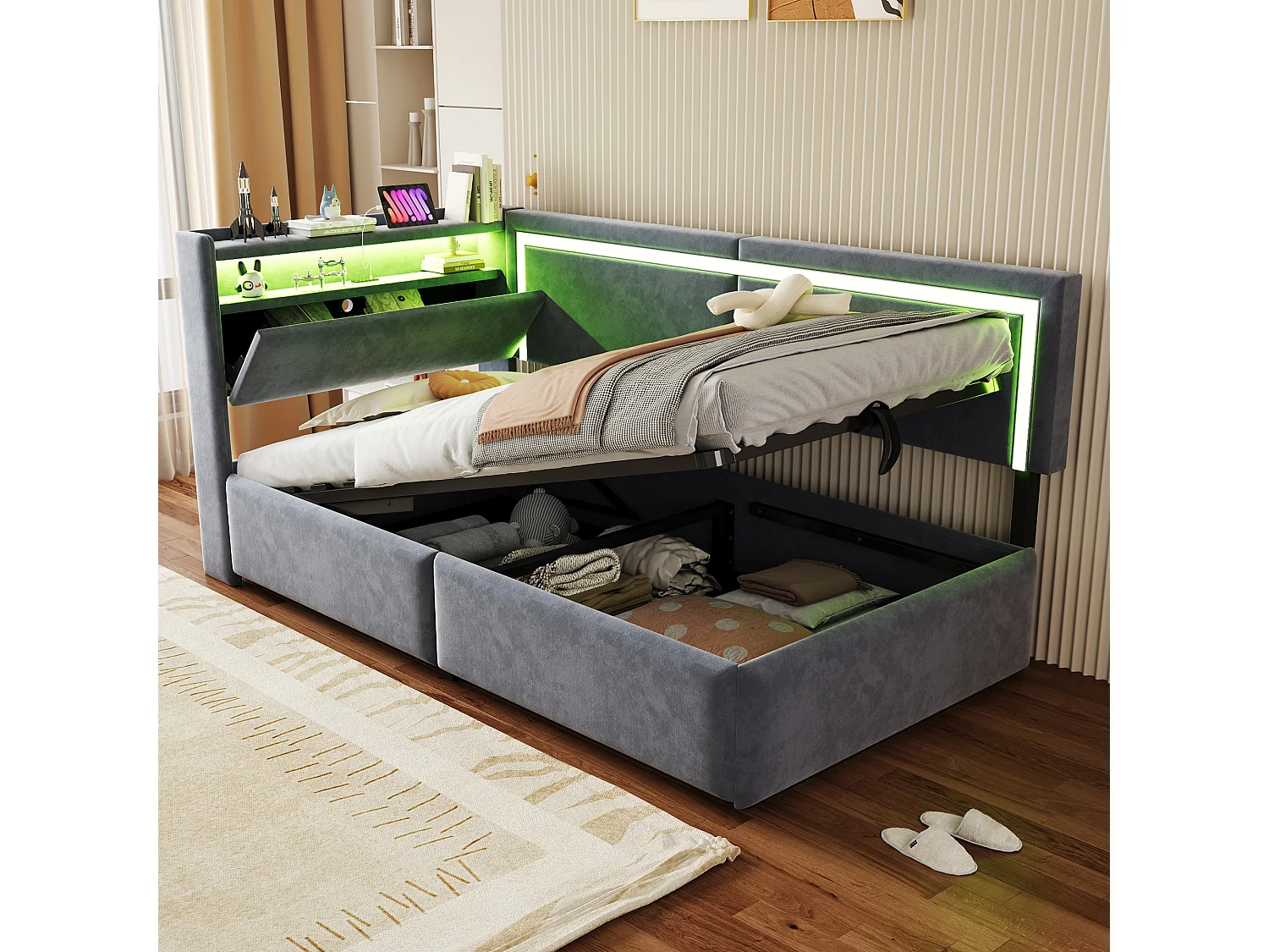 Łóżko dziecięce z pojemnikiem - 90 x 200 cm - z diodami LED + USB + otwierany zagłówek + hydrauliczny schowek - welur - szary