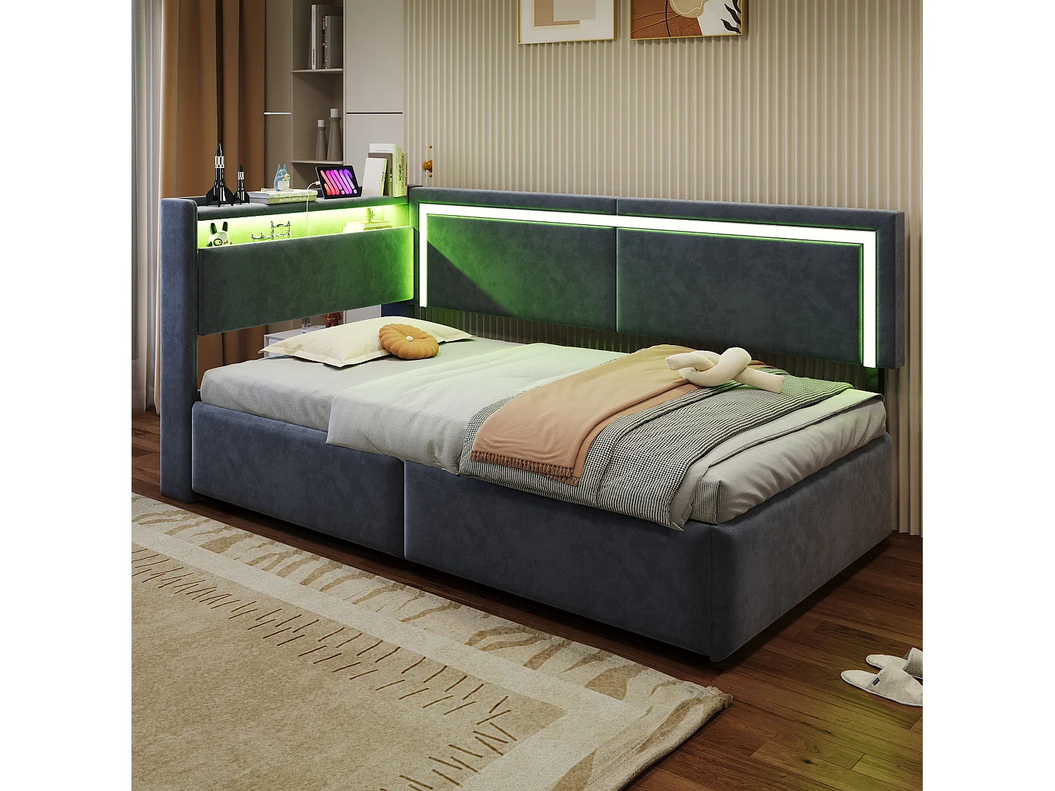 Łóżko dziecięce z pojemnikiem - 90 x 200 cm - z diodami LED + USB + otwierany zagłówek + hydrauliczny schowek - welur - szary