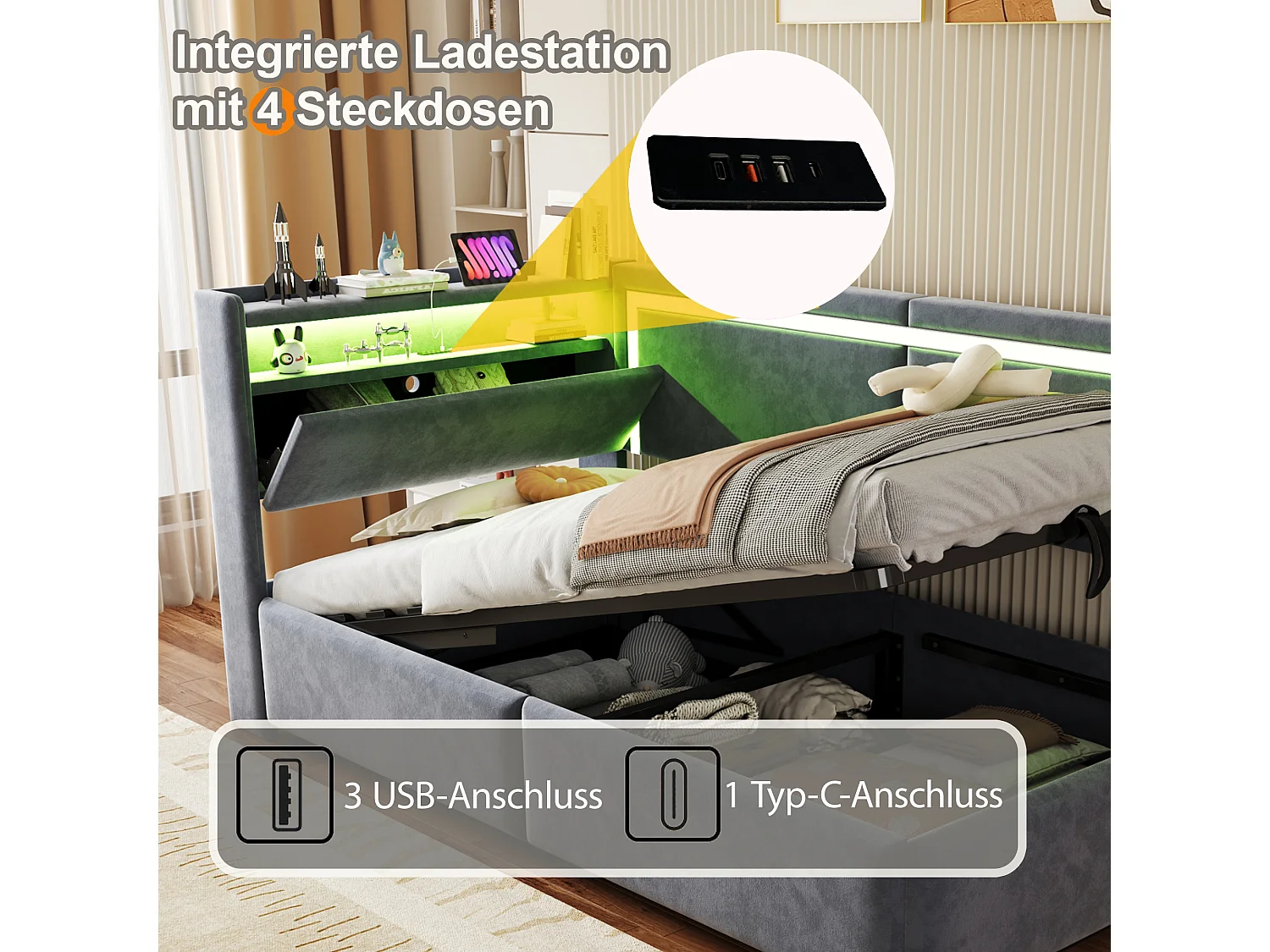 Łóżko dziecięce z pojemnikiem - 90 x 200 cm - z diodami LED + USB + otwierany zagłówek + hydrauliczny schowek - welur - szary