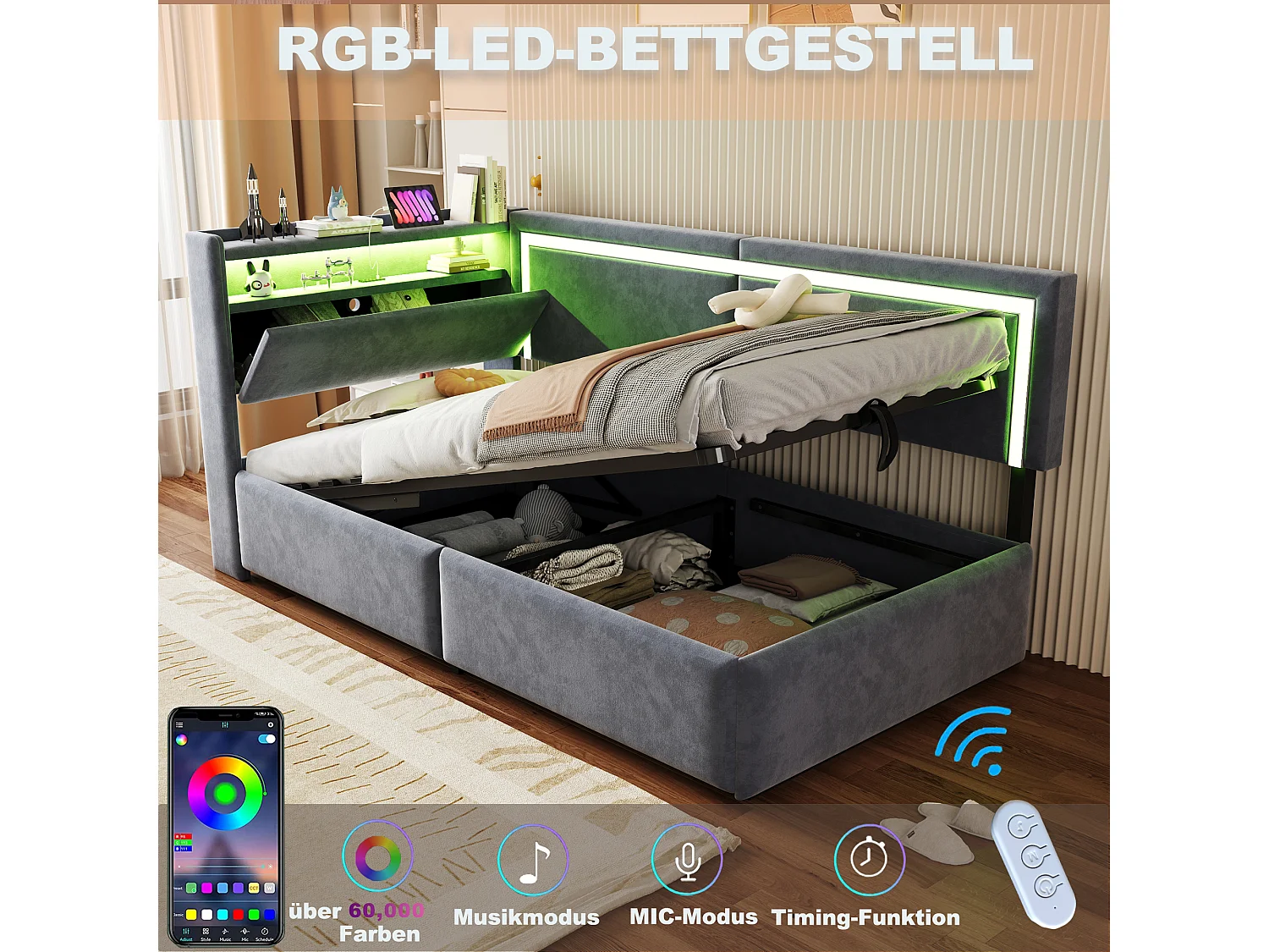 Łóżko dziecięce z pojemnikiem - 90 x 200 cm - z diodami LED + USB + otwierany zagłówek + hydrauliczny schowek - welur - szary