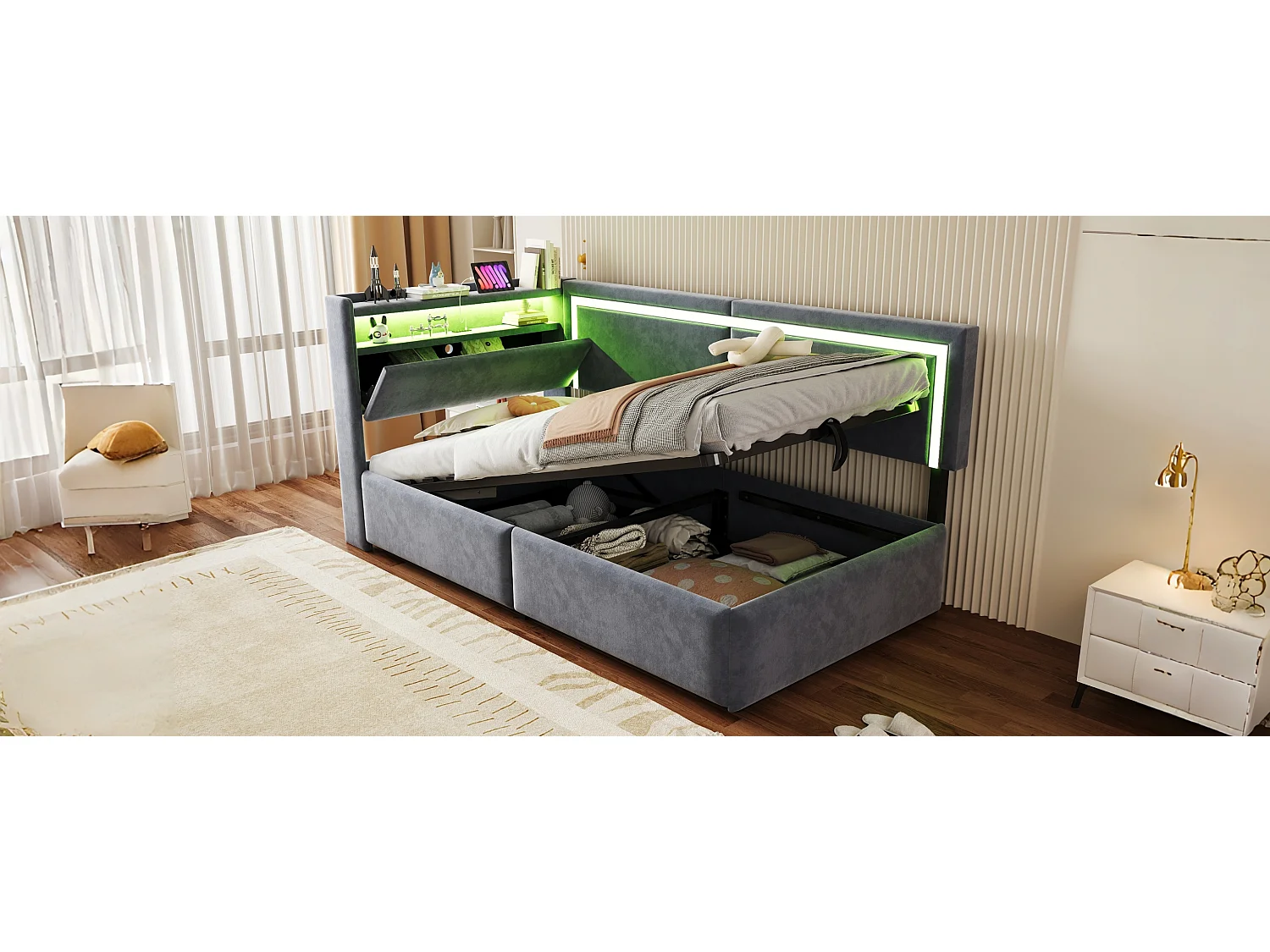 Łóżko dziecięce z pojemnikiem - 90 x 200 cm - z diodami LED + USB + otwierany zagłówek + hydrauliczny schowek - welur - szary