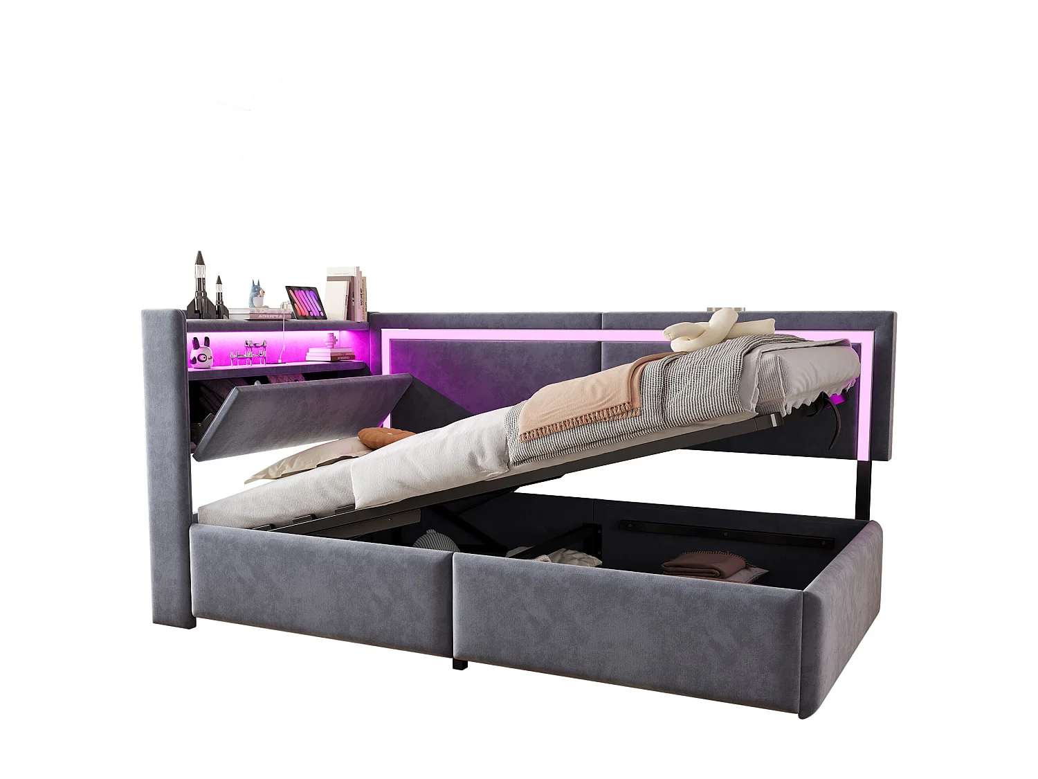 Łóżko dziecięce z pojemnikiem - 90 x 200 cm - z diodami LED + USB + otwierany zagłówek + hydrauliczny schowek - welur - szary