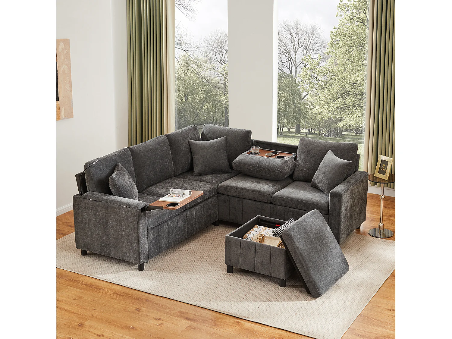 Rozkładana sofa rozkładana - 205 x 205 x 85 cm - z pufem ze schowkiem + lampką do czytania + portem USB-C + ukrytym stolikiem bocznym - nadruk szenilowy - szary