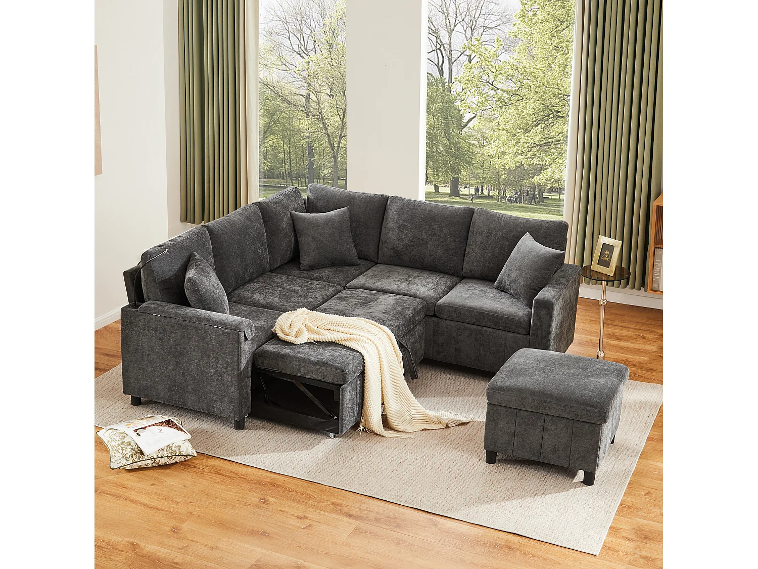 Rozkładana sofa rozkładana - 205 x 205 x 85 cm - z pufem ze schowkiem + lampką do czytania + portem USB-C + ukrytym stolikiem bocznym - nadruk szenilowy - szary