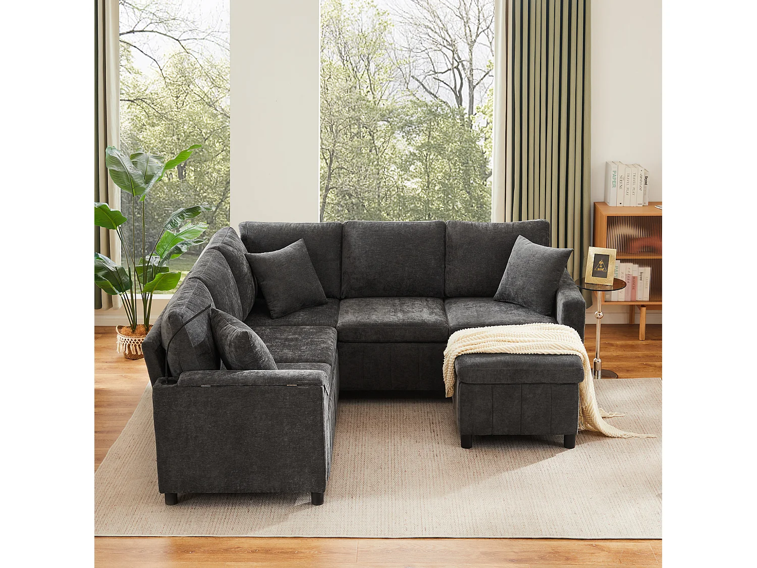 Rozkładana sofa rozkładana - 205 x 205 x 85 cm - z pufem ze schowkiem + lampką do czytania + portem USB-C + ukrytym stolikiem bocznym - nadruk szenilowy - szary