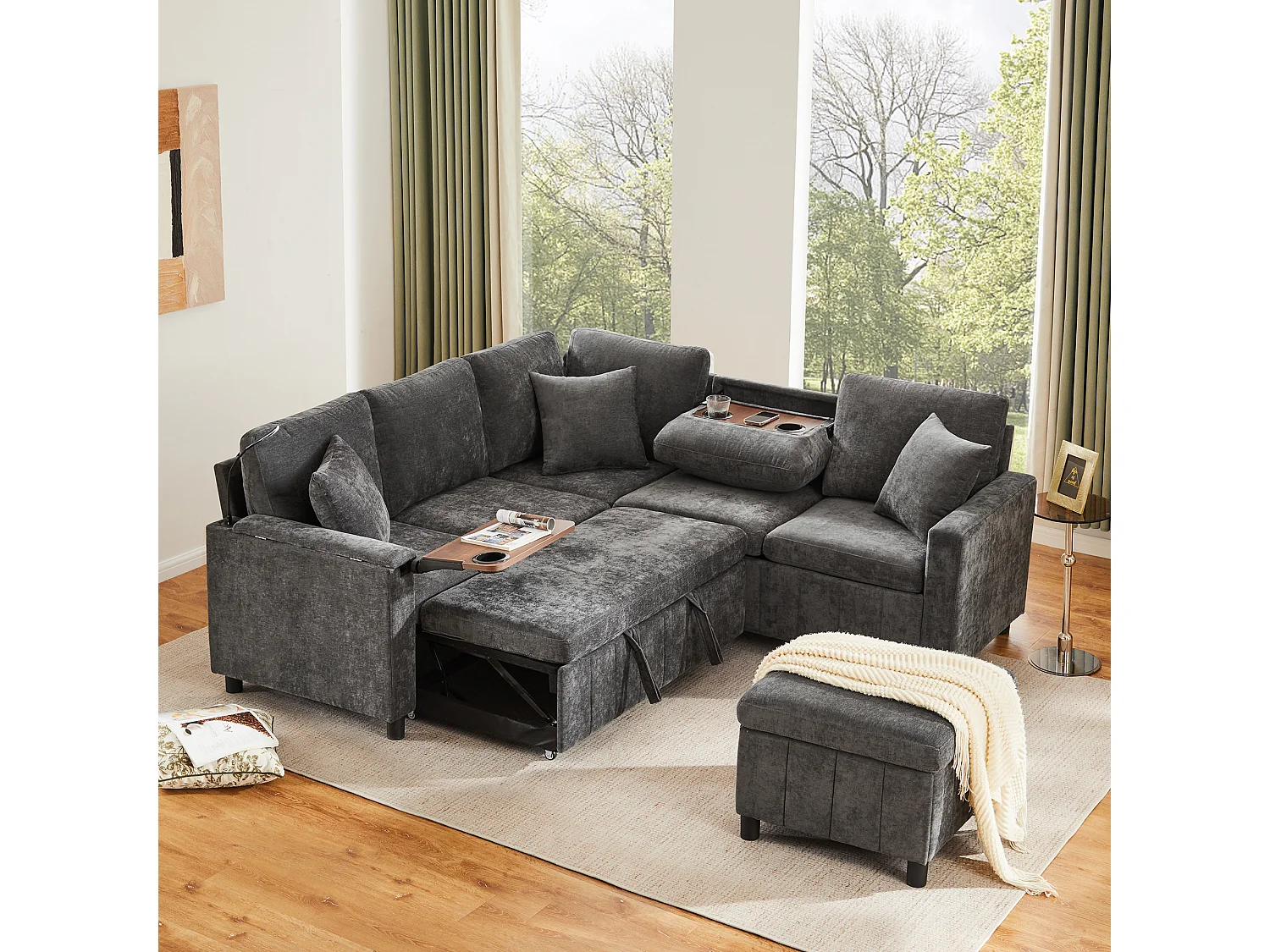 Rozkładana sofa rozkładana - 205 x 205 x 85 cm - z pufem ze schowkiem + lampką do czytania + portem USB-C + ukrytym stolikiem bocznym - nadruk szenilowy - szary