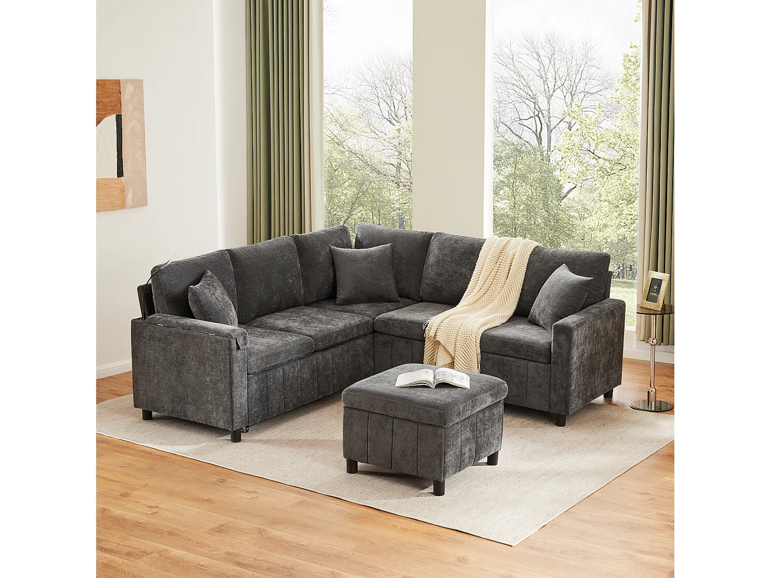 Rozkładana sofa rozkładana - 205 x 205 x 85 cm - z pufem ze schowkiem + lampką do czytania + portem USB-C + ukrytym stolikiem bocznym - nadruk szenilowy - szary