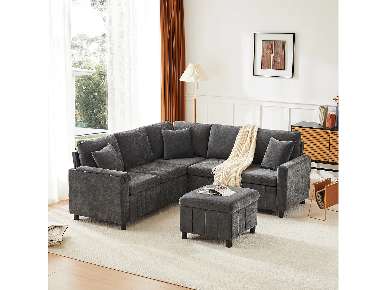 Rozkładana sofa rozkładana - 205 x 205 x 85 cm - z pufem ze schowkiem + lampką do czytania + portem USB-C + ukrytym stolikiem bocznym - nadruk szenilowy - szary