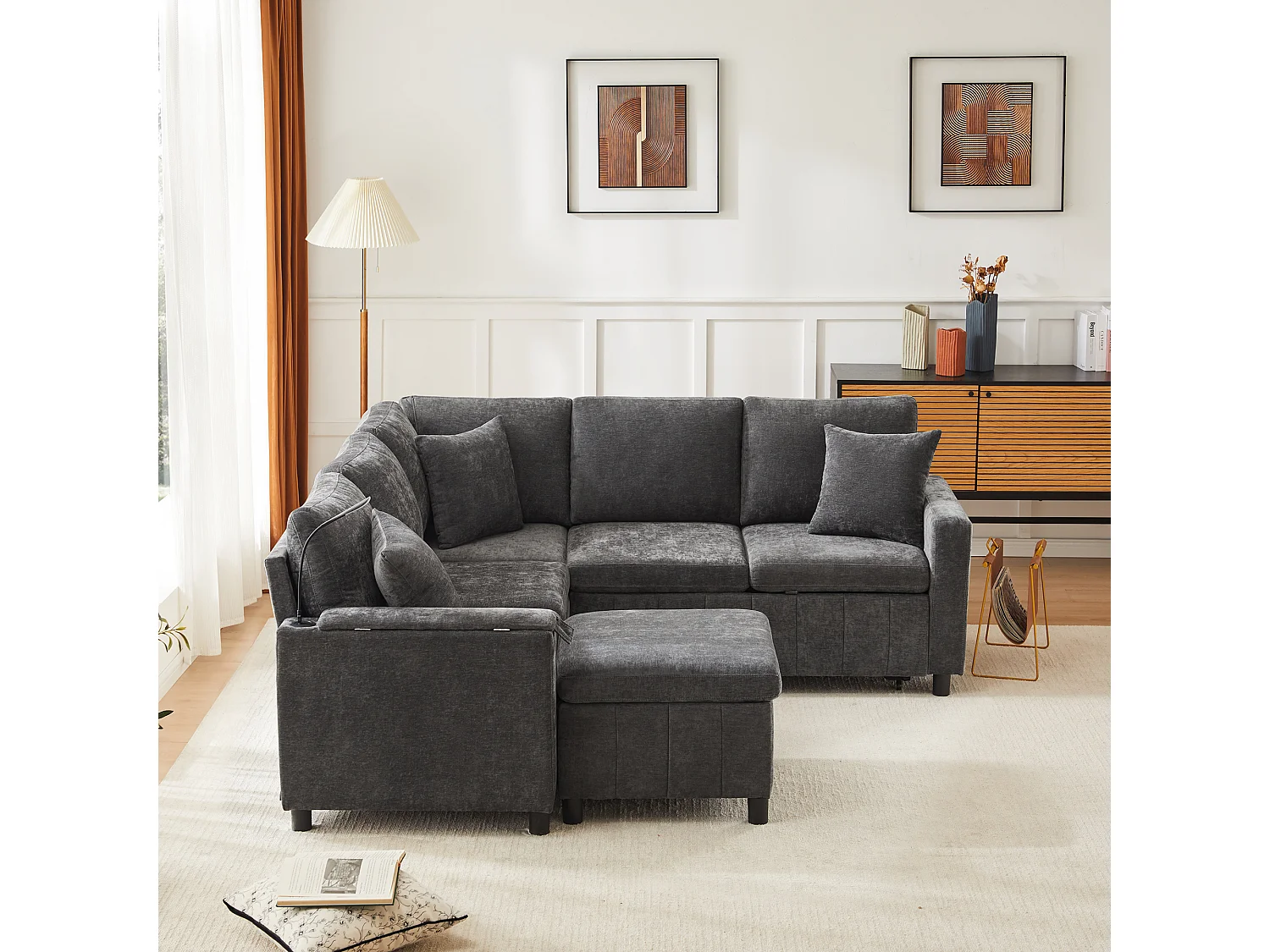 Rozkładana sofa rozkładana - 205 x 205 x 85 cm - z pufem ze schowkiem + lampką do czytania + portem USB-C + ukrytym stolikiem bocznym - nadruk szenilowy - szary