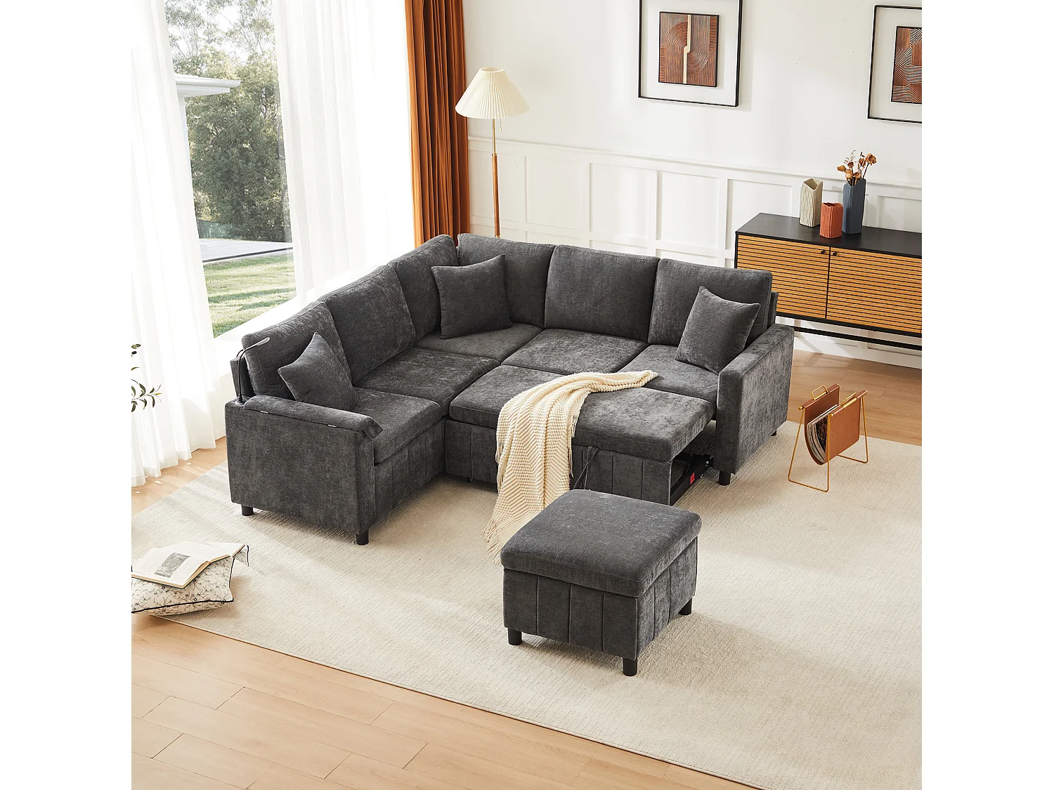 Rozkładana sofa rozkładana - 205 x 205 x 85 cm - z pufem ze schowkiem + lampką do czytania + portem USB-C + ukrytym stolikiem bocznym - nadruk szenilowy - szary