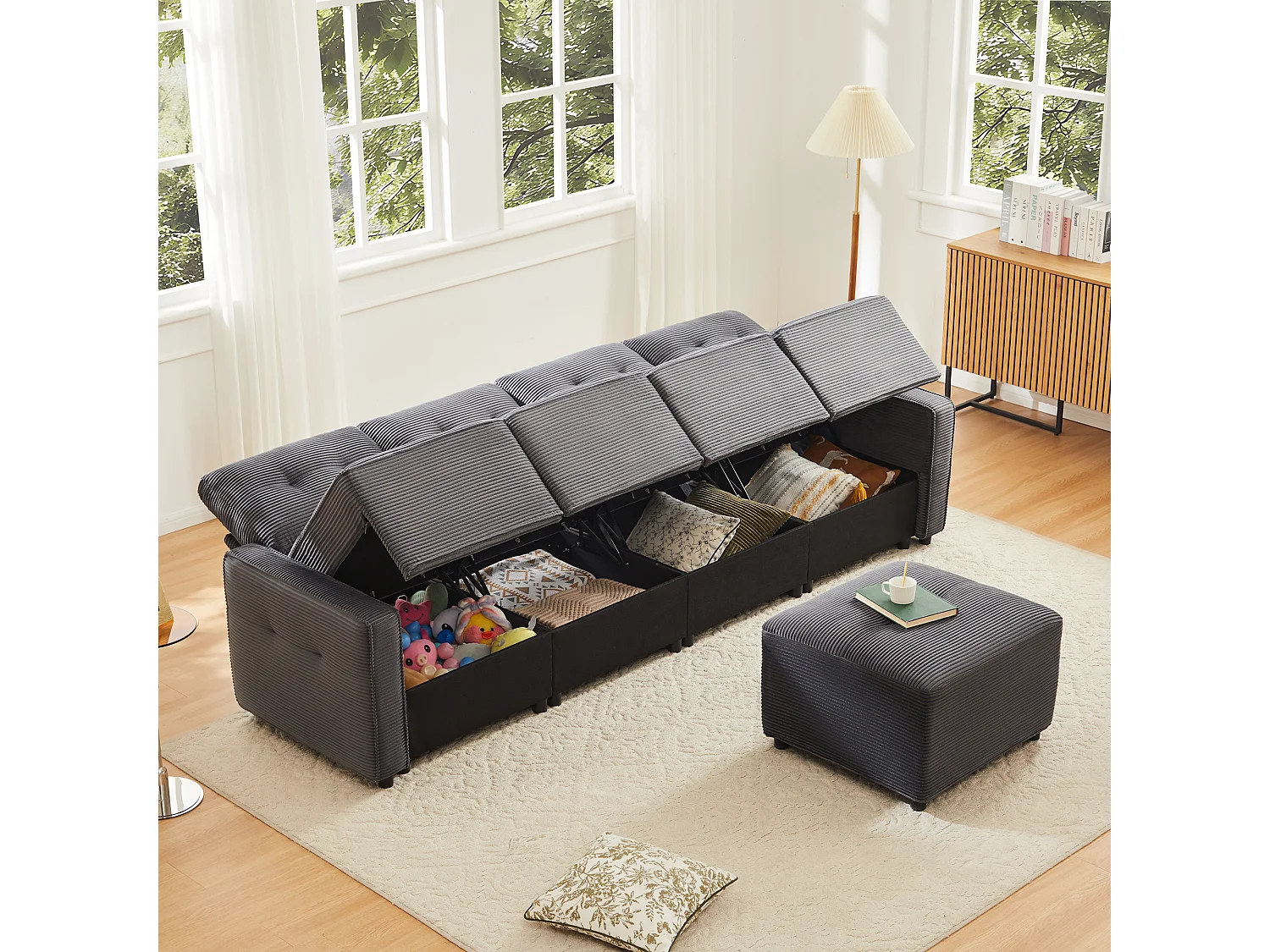Nowoczesna sofa 4-osobowa - 280 x 146 x 85 cm - ze schowkiem pod siedziskiem + pufa modułowa - welur - szary