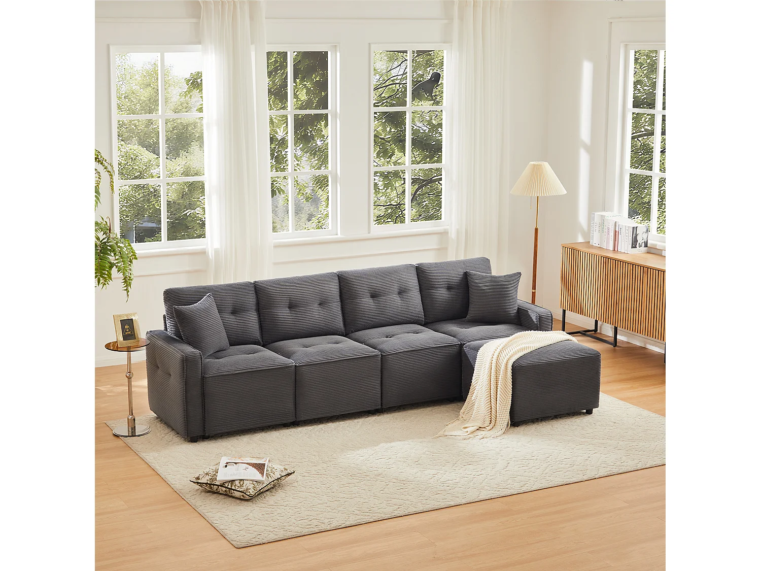 Nowoczesna sofa 4-osobowa - 280 x 146 x 85 cm - ze schowkiem pod siedziskiem + pufa modułowa - welur - szary