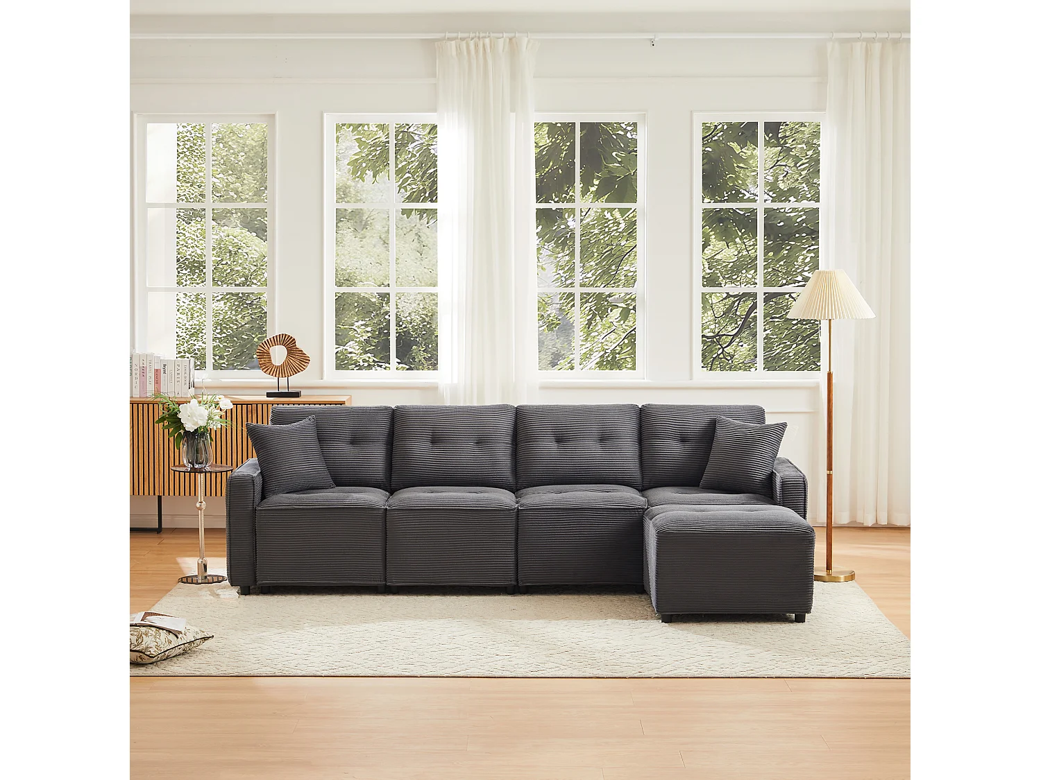 Nowoczesna sofa 4-osobowa - 280 x 146 x 85 cm - ze schowkiem pod siedziskiem + pufa modułowa - welur - szary